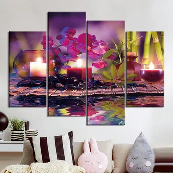 

4 Panel Wall Art Modular Canvas Prints Posters Home Decor Pictures Candle Bamboo Art Framework Canvas Painting