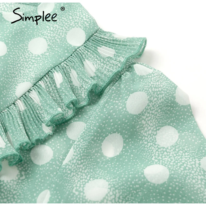 Simplee Elegant dot print women summer dress Short sleeve ruffle sash female midi dress Pearl buttons a-line ladies green dress