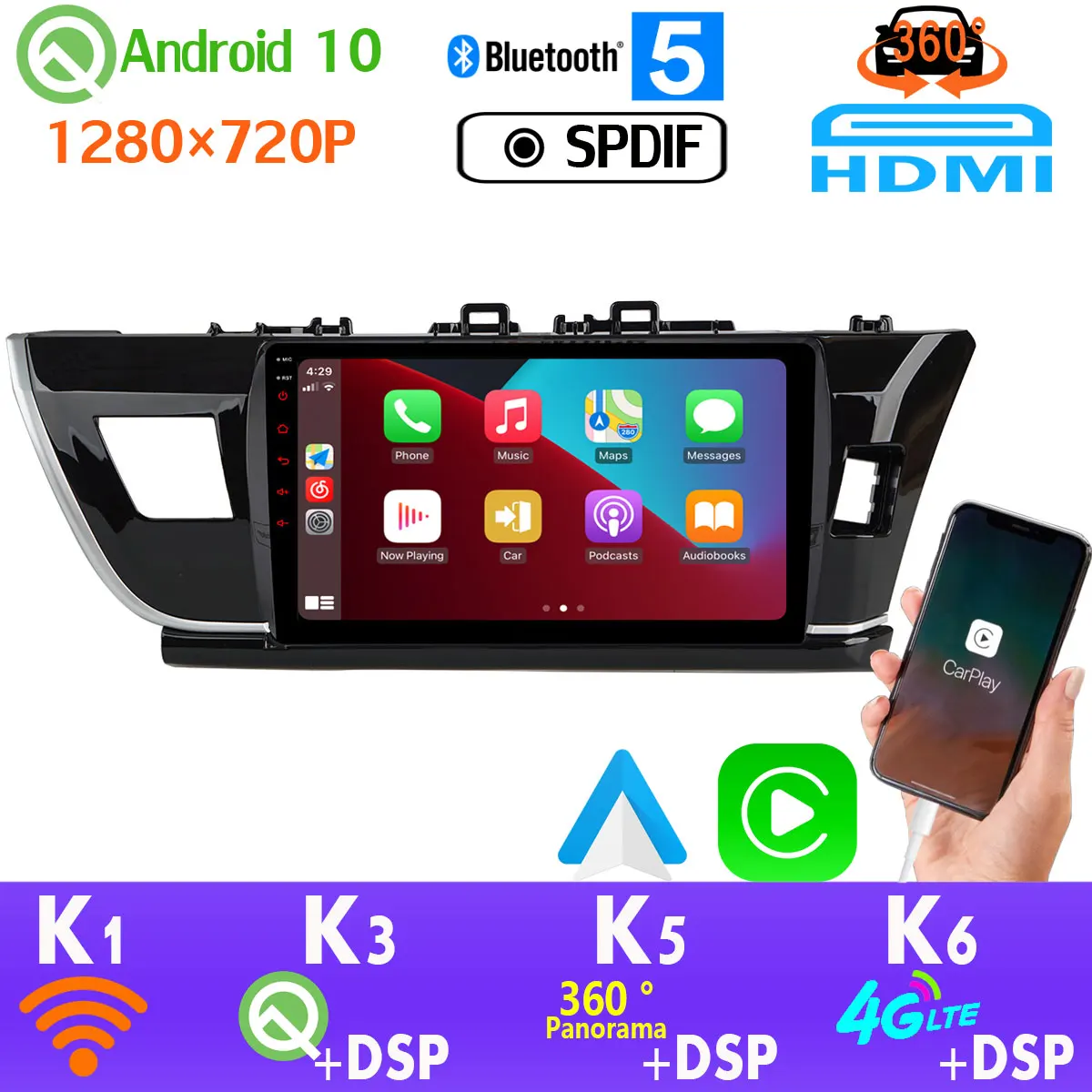 360 4*AHD Camera Android 10.0 4G+64G GPS Radio CarPlay Car Multimedia Player for Toyota Corolla Levin E160 E170 E180 2014-2017 | Автомобили