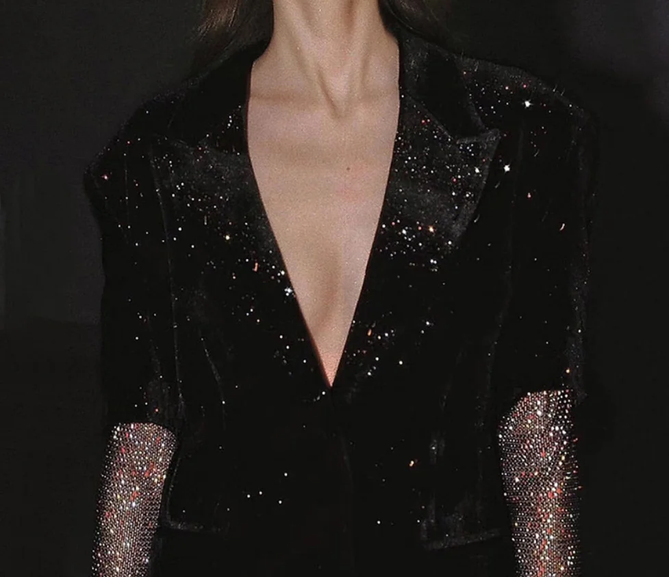 Bright fan velvet Mesh stitching sequins stage costumes Mesh long sleeve Black small suit jacket Temperament Suit Top Women