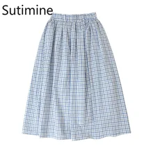 

Kawaii Harajuku Vintage Plaid Skirts Women Clothes 2021 Japanese Style Elastic High Waist A- Line Puffy Oversize Midi Skirt