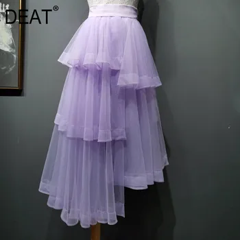 

DEAT 2020 New Spring And Summer Ruffles Purple Color Sweet Multi-layer High Waist Asymmetrical Mesh Skirt WL00711XXL