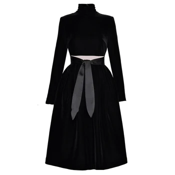 

Red RoosaRosee Designer Women new fashion autumn stand collar slim waist dress