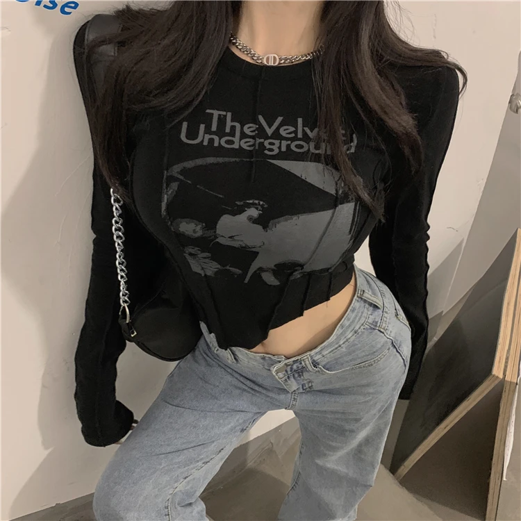 Yedinas Casual Slim T-shirt For Women O Neck Long Sleeve Sexy Crop Top Grunge Letters Print Female Korean Fashion Clothing 2021