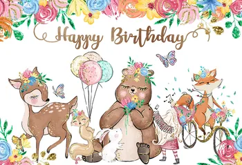 

Vinyl Animals Happy Birthday Newborn Kids Backdrop Floral Background Cake Table Banner Photo Booth Backdrops