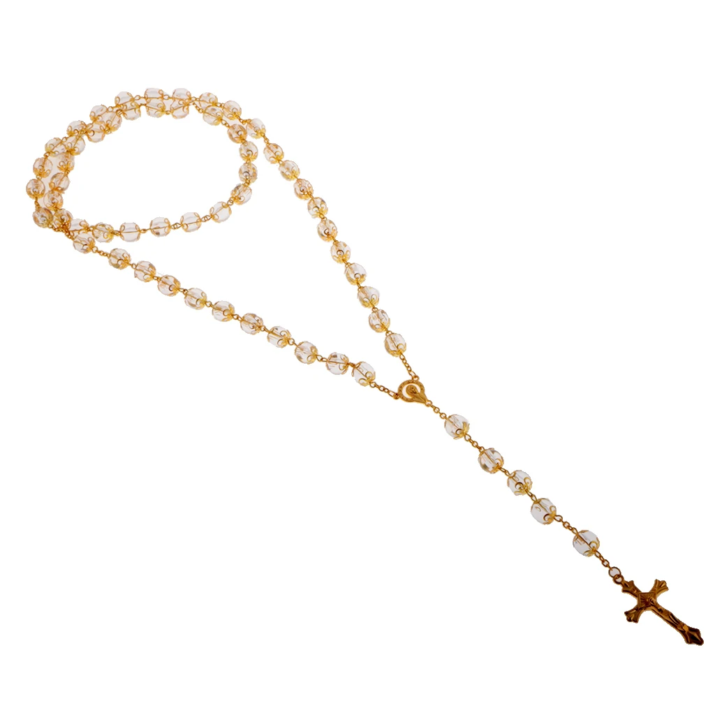 Unisex Long Rosary Chain 10mm Balls Beads Sweater Necklace Jesus Cross Pendant Party Jewelry