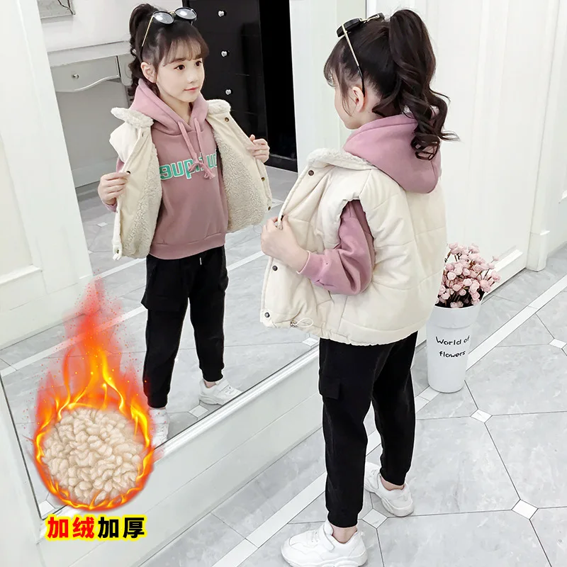 

2019 New Style Western Style CHILDREN'S Suit Girls Winter Big Boy Children Thick Lettered Hoodie Waistcoat Three-piece Set Fashi