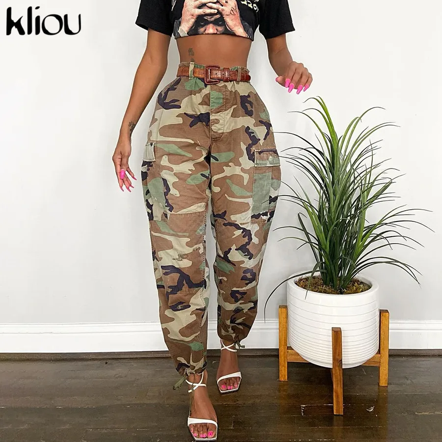 Kliou surdimensionné imprimé Camouflage jambe large pantalons de survêtement femmes bouton de fermeture éclair taille élastique cheville bande Coll Street Style pantalons décontractés