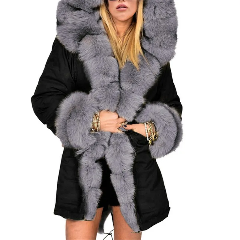 Зимняя женская куртка, новинка, с капюшоном, толстая, теплая, большой меховой воротник, искусственный мех, одноцветная, модная, длинная, большой размер, пальто, верхняя одежда