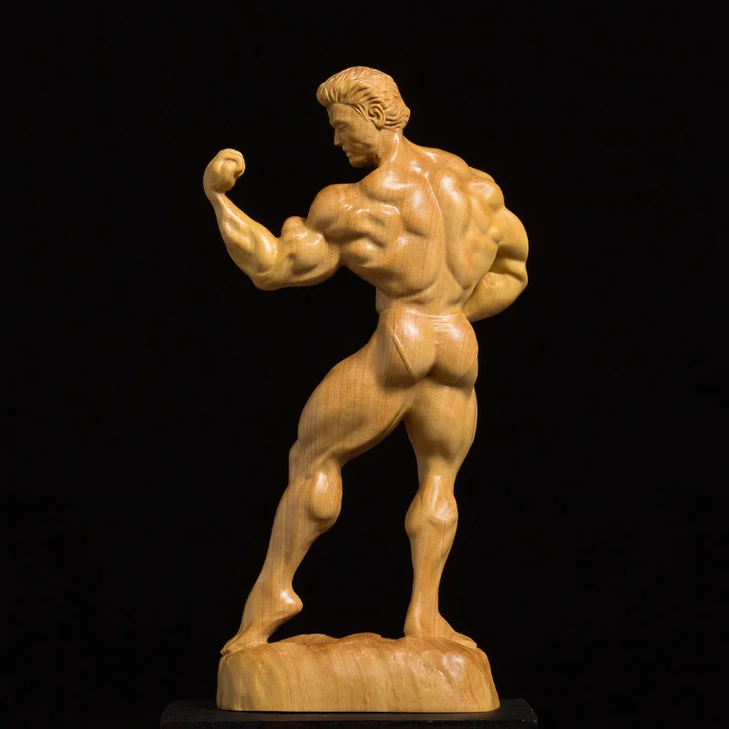 Hand-Carved Wooden Muscle Man Fitness Statue - Exquisite Handmade Decorative Figurine 4