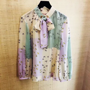 

19 Years Zhou Dongyu Silk Printing Long Sleeve Bow Shirt Tian Of Bird 85269