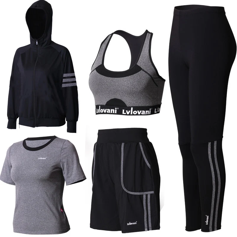 Женская Спортивная одежда для тренажерного зала, 5 шт., набор для йоги, женская одежда для бега, леггинсы для тренировок в тренажерном зале и мягкий спортивный бюстгальтер пуш-ап, спортивные костюмы S-4XL - Цвет: Gray 5 Piece set