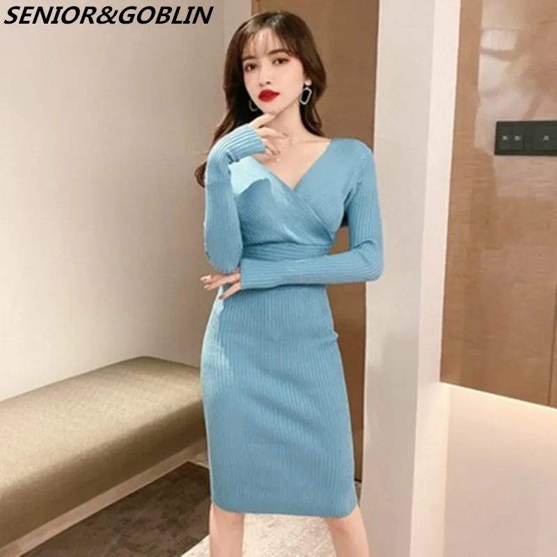 Весеннее модное сексуальное трикотажное платье с v-образным вырезом женское