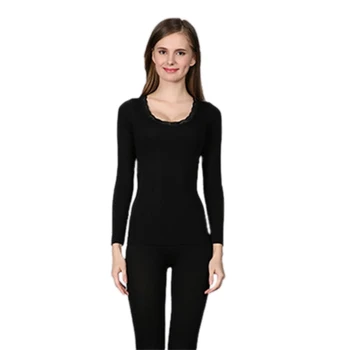 

Women'S Thermal Underwear Set Round Neck Lace Lace Autumn Clothes Quickset Thermal Underwear Black
