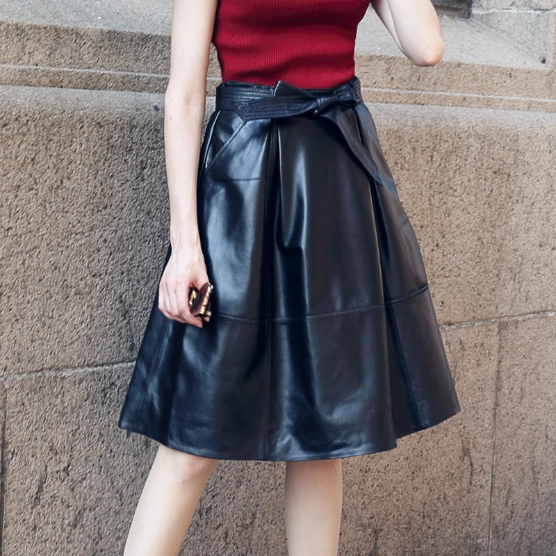 Новое поступление, женские юбки до колена, высокое качество, кожа, высокая талия, плиссированные юбки, модные, с бантом, женские юбки размера плюс