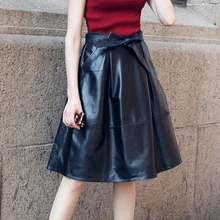 Новое поступление, женские юбки до колена, высокое качество, кожа, высокая талия, плиссированные юбки, модные, с бантом, женские юбки размера плюс