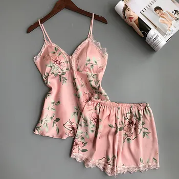 

Sleep Lounge Pajama Set Sexy Satin Sleepwear Women Summer Pyjama Femme Fashion Flower Pajamas for Women with Chest Pad