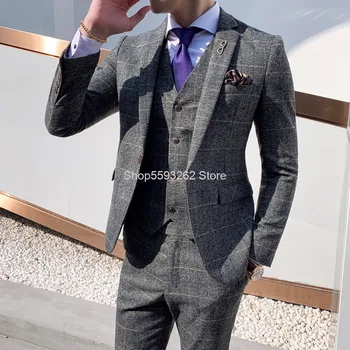 

Groom Dress Suit Three-piece Set Male Gray Grid Type Male Gentleman Slim Fit Men Suit Suit Male