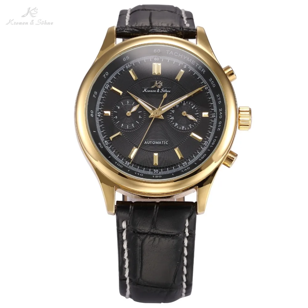 

KS Luxury Brand Black Gold Relogio Auto Date Display Leather Strap Clock Automatic Self Wind Mechanical Mens Casual Watch /KS185