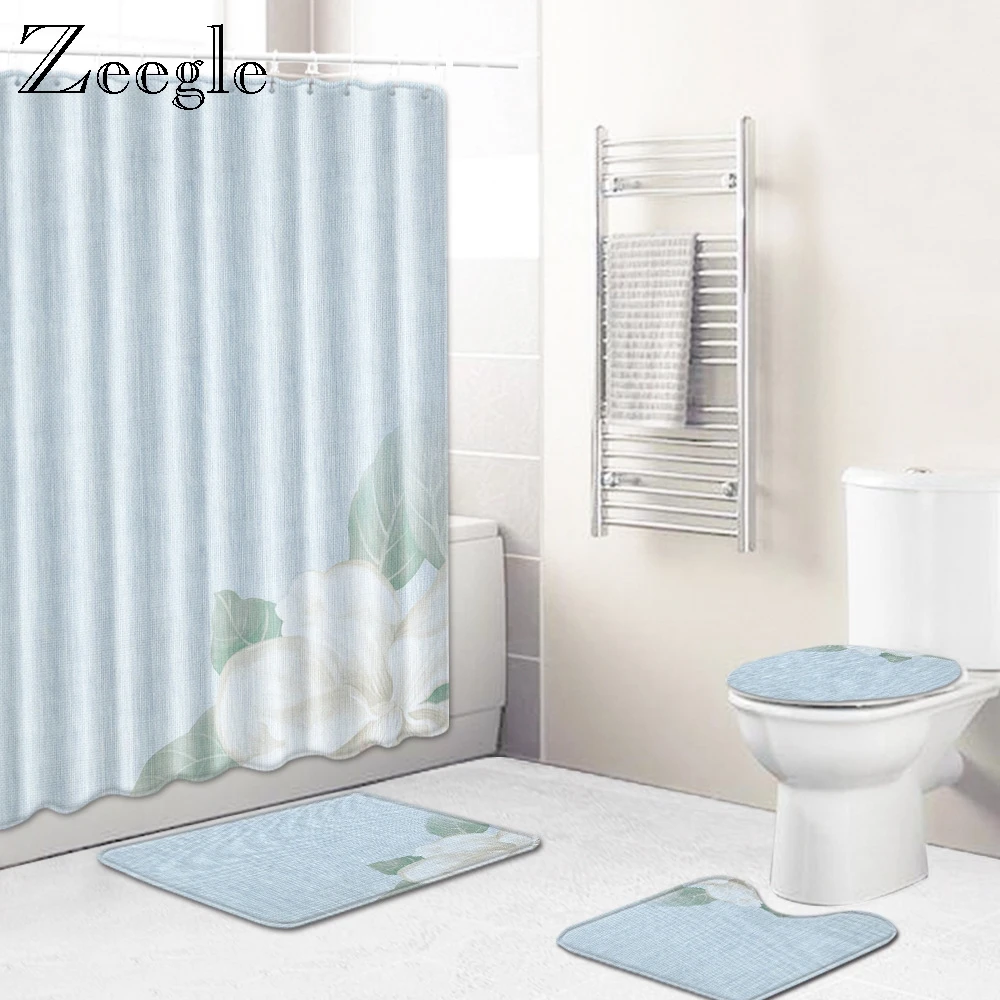 Zeegle Bath Mat Set Non Slip Toilet Cover Seat Mat Foot Mat Absorbent Flannel Toilet Pedestal Rug Washable 4pcs Bathroom Curtain