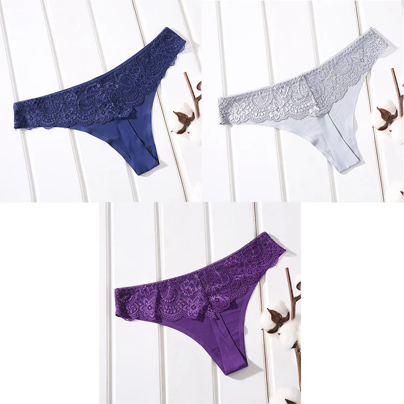 blue grey purple Женское нижнее белье, сексуальные кружевные стринги, бесшовные трусики, женские стринги с t-образной спинкой, бесшовные стринги для женщин, нижнее белье, 3 предмета, Aofeiqike - Цвет: blue grey purple