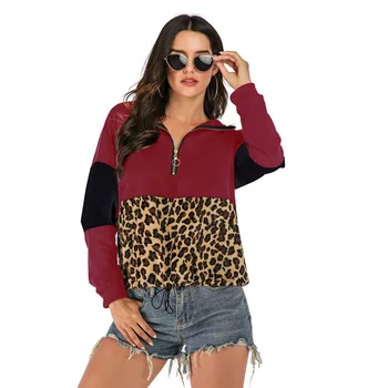 

womens Autumn winter leopard loose stitching fashion hooded lady hoodies Loose coat girl overcoat