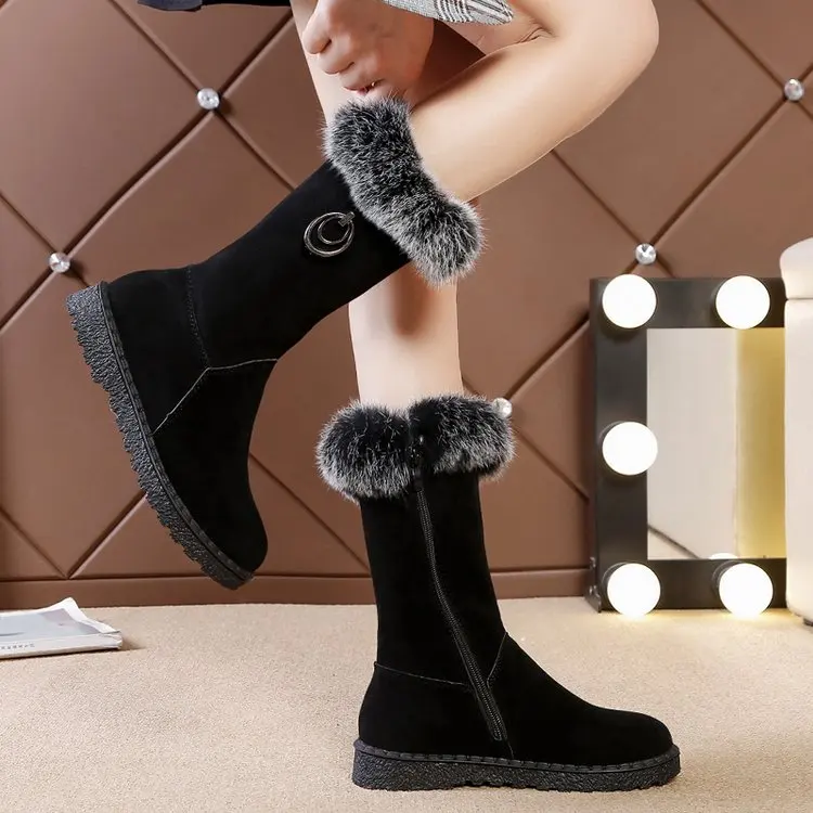 Autumn Low-heeled Flat Mid Boots Women Short Plush Keep Warm Snow Boots Shoes Woman Round Toe Side Zipper Fashion Boots Booties
