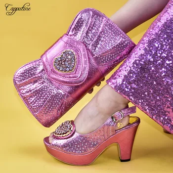 

Beautiful Pink African High Heel Pumps Shoes And Evening Bag Set With Rhinestones 9310-2 Heel Height 10.5CM