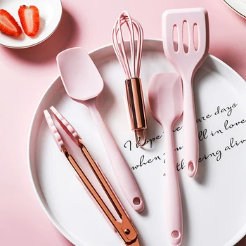 

Silicone Cooking Utensils Set Non-stick Spatula Shovel Wooden Handle Cooking Tools Set With Storage Box Kitchen Tools pink set