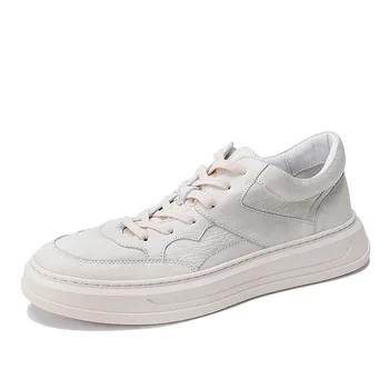 

Luxury White Shoes Men 100% Real Leather Vintage Flat Sneakers Handmade Cowhide Platform Shoes Top Quality Street Hip Hop Flats