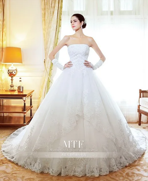 

New 2016 China Custom Made Sexy Bandage Strapless Lace Crystal Beads A-line Wedding Dress