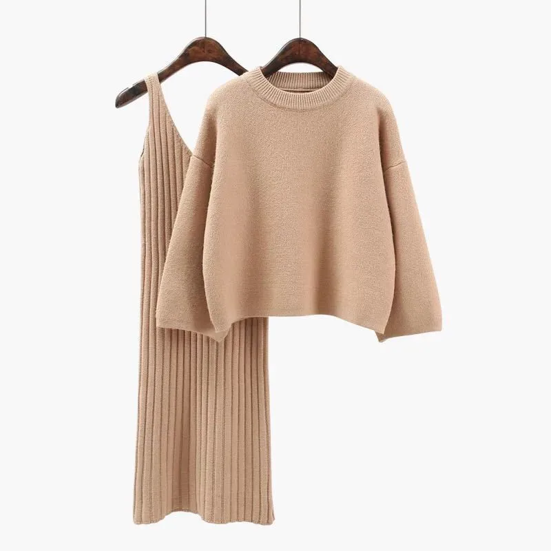 

Autumn Winter Sweater Dress Set Solid Color Female Casual Two-Pieces Suits Loose Sweater Ribbed Knit Spaghetti Mini Dress Set