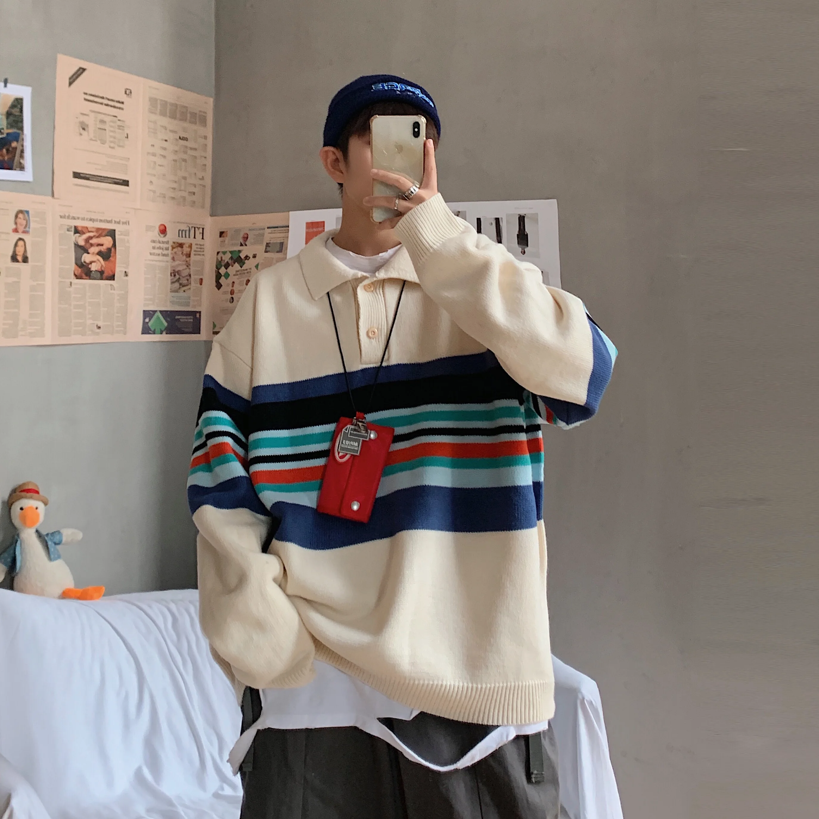 Autumn/winter new slimming color retro long-sleeve sweater loose casual round collar personality youth men's wear - Цвет: khaki