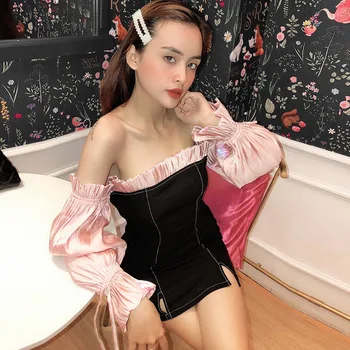 

Women Sweet Ruched Patchwork Long Off Shoulder Dress Strapless Women Dress Split Bow Hip Package Club Femme Mini Dress Vestidos