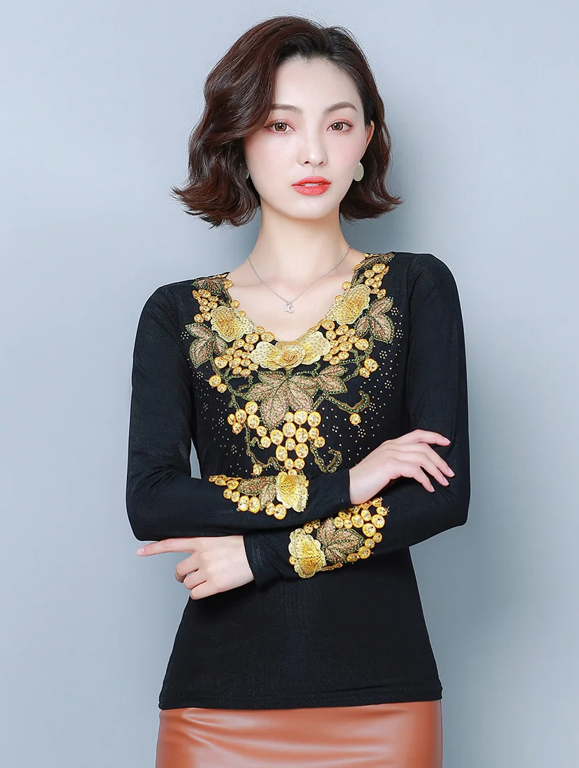 6XL blusas mujer de moda осенние сетчатые Топы с длинным рукавом модные элегантные тонкие женские блузки с цветочной вышивкой Рубашки Плюс топы