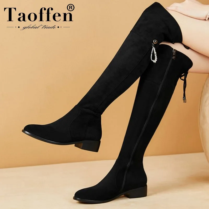 

Taoffen Genuine Leather Office Work Winter Warm Over The Knee Boots Black Chunky Heel Snow Party Shoes Woman Footwear Size 33-40