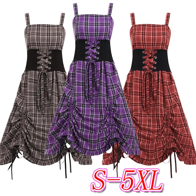 Лето, новинка, женское платье, плюс размер, 5XL, кружевной корсет, талия, клетчатое платье, без рукавов, повседневное модное платье, Vestidos