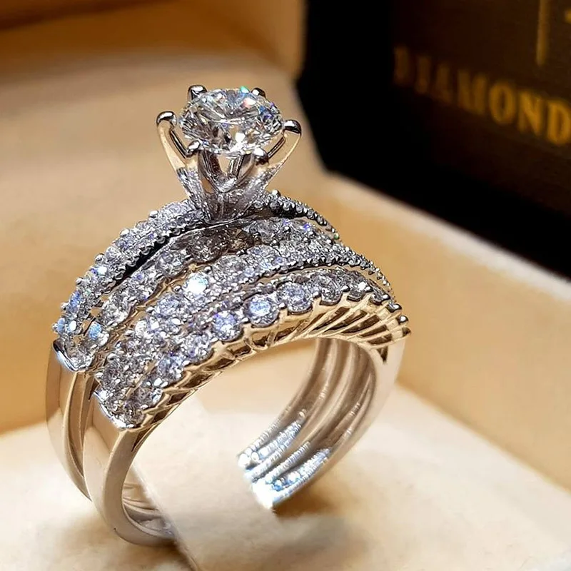 2 PCS/Set Series ! Trendy Milangirl White Crystal Round Ring Set For Women Girls Wedding Engagement Party Fashion Jewelry 4