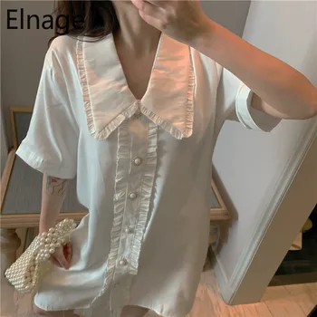 

Elnage 2020 Summer New Women Clothing Sweet Platycodon Solid Loose Baby Collar Single Breasted Short Sleeve Dress Female 5A333