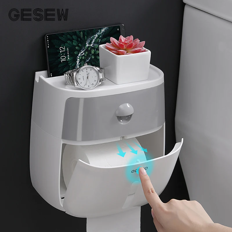 

GESEW Tissue Box Double Layer Bathroom Waterproof Toilet Paper Holder Wall Mounted Storage Box Napkin Roll Dispenser Organizer
