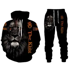 Survêtement imprimé Animal Lion 3D pour hommes, survêtement 2 pièces, à la mode, avec fermeture éclair, pantalon, costume de Sport 