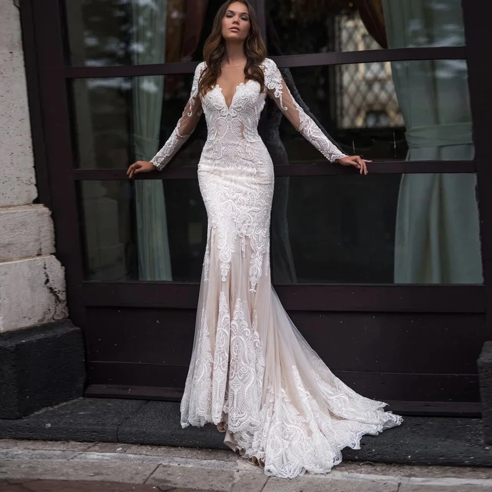 PROD 1005002505428664 Gorgeous Long Sleeve Lace Mermaid Wedding Dresses
2021 Illusion Tulle Bridal Gown With Button Back Sheer O-Neck Sweep
Train