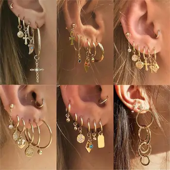 

Boho Gold Crystal Pearl Earrings Set Women Heart Moon Star Cross Geometric Feather Female Earring Vintage Fashion Jewelry 2020