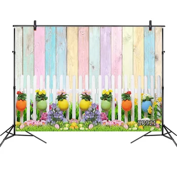 

Easter Photography Backdrops Colored Eggs Wooden Board Fence Meadow Flower Photographic Background For Photo Studio Props