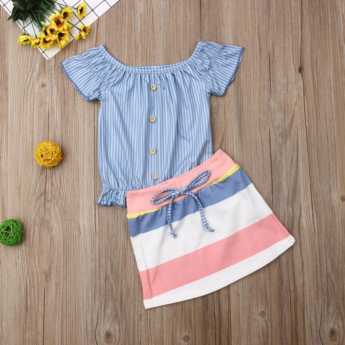 2-7Y Одежда для новорожденных и маленьких девочек Детская рубашка на пуговицах с открытыми плечами Топ, цветная юбка в полоску хлопковый комплект из 2 предметов, брендовая одежда