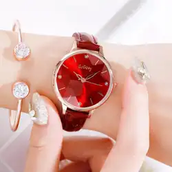 Роскошные часы для женщин модные женские кварцевые наручные часы красные кожаные часы геометрически рефракционная поверхность relogio feminino