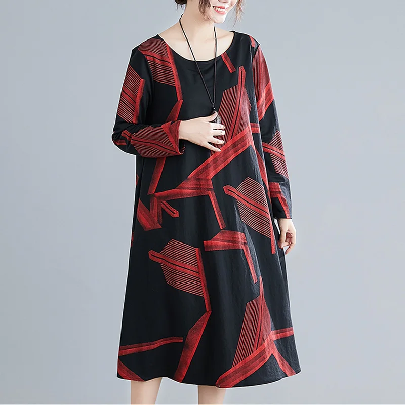 

One Piece Women'S Clothing 2020 Spring Autumn Vintage Printed Midi Maxi Dress Robe Femme Elegant Temperament Loose Slim Dresses