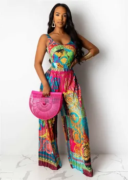 

Large Size Women Sexy V-neck Print Spaghetti Strap Jumpsuits 2020 Summer Casual Loose Open Back Sleeveless Floor-length Jumpsuit