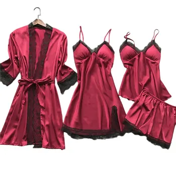 

MUYYOGRT Womens Pajamas Sets Lace Tops 4 Pieces Sexy Pajamas Summer Autumn Sleepwear for Women Female Home Suits Nightwear