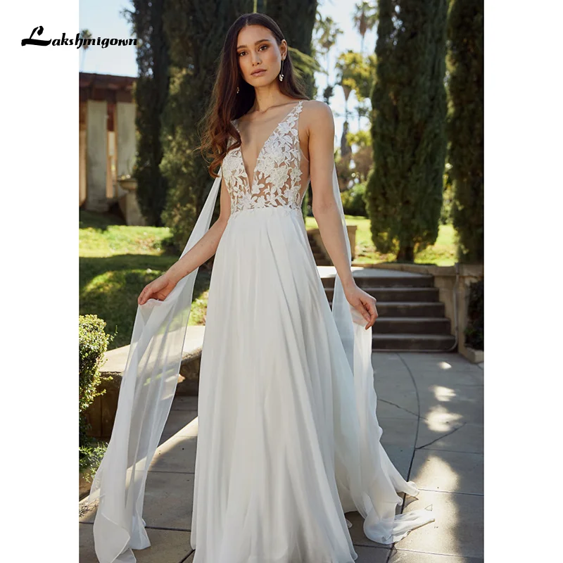 Lakshmigown A Line Wedding Dresses with Cap Bohemia Deep V-Neck Backless Chiffon Bridal Gowns Beach Vestido De Noiva | Свадьбы и